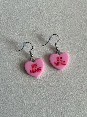 Conversation Hearts Be Mine Drop Dangle Earrings in Pink with Red Lettering